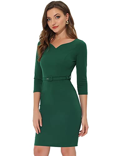 Allegra K Damen Kleid mit Gürtel 3/4-Ärmeln Herzausschnitt Retro Elegantes Arbeit Etuikleid Dunkelgrün XS von Allegra K