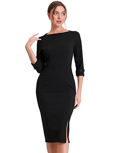 Allegra K Elegantes Damenkleid mit U-Boot-Ausschnitt, 3/4-Ärmel, 2025, für die Arbeit, Midi-Etuikleid, Schwarz, Groß Allegra K Elegantes Damenkleid mit U-Boot-Ausschnitt, 3/4-Ärmel, 2025, für die Arbeit, Midi-Etuikleid, Schwarz, Groß von Allegra K