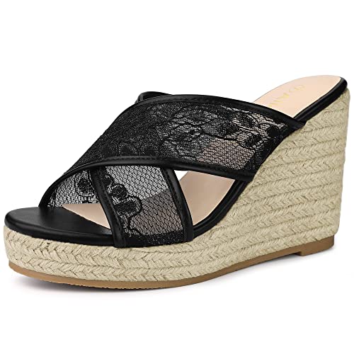 Allegra K Espadrille-Plateau-Sandalen mit Keilabsatz für Damen mit Spitzenriemen Schwarz 39 von Allegra K