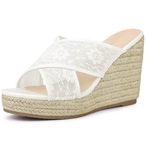 Allegra K Espadrille-Plateau-Sandalen mit Keilabsatz für Damen mit Spitzenriemen Weiß 37 von Allegra K