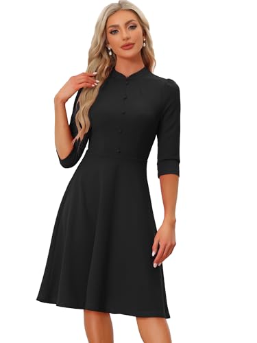 Allegra K Etuikleider für Damen 3/4 Ärmel Stehkragen Elegant Business A-Linie Kleid, Schwarz , Medium von Allegra K