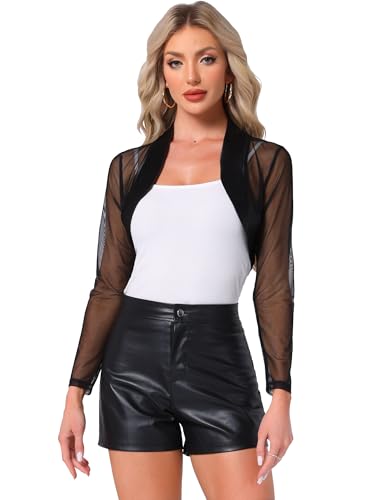 Allegra K Formeller Shrug für Damen Abendkleider Coverup Offene Vorderseite Langarm Mesh Satin Bolero Schwarz S von Allegra K
