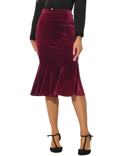 Allegra K Frauen Feminine Chic Retro Bodycon Elastische Taille Samt Fischschwanz Meerjungfrau Rock, Rot/Ausflug, einfarbig (Getaway Solids), Mittel von Allegra K