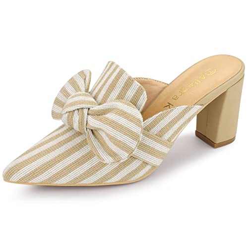 Allegra K Frauen Streifen Bogen Spitzen Zehen Block Ferse Slides Mules Beige 36 von Allegra K