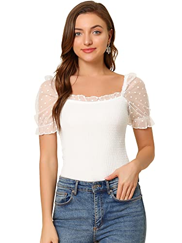 Allegra K Damen Oberteil Puffärmel Eckigem Ausschnitt Mesh Durchsichtig Rüschen Punkte Top Bluse Weiß L von Allegra K