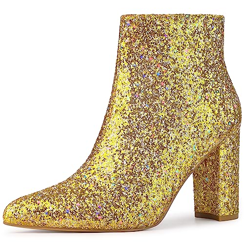 Allegra K Glitzernde Damen-Stiefeletten mit spitzer Zehenpartie und klobigem Absatz Buntes Gold 40 von Allegra K