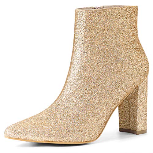 Allegra K Glitzernde Damen-Stiefeletten mit spitzer Zehenpartie und klobigem Absatz Gold 41 von Allegra K