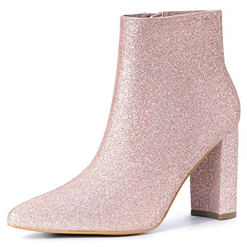 Allegra K Glitzernde Damen-Stiefeletten mit spitzer Zehenpartie und klobigem Absatz Rosa 36 von Allegra K