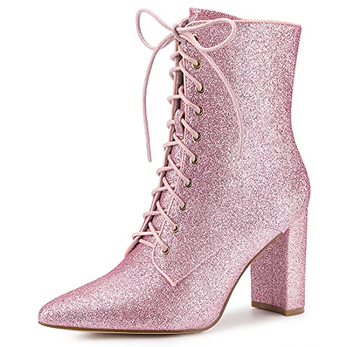 Allegra K Glitzernde Halloween-Stiefeletten mit spitzer Zehenpartie und Blockabsatz für Damen Rosa 36 von Allegra K