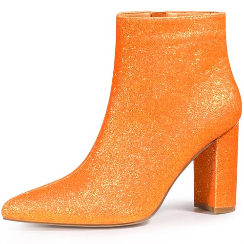 Allegra K Glitzerstiefel für Damen, mit spitzem Zehenbereich, klobiger Absatz, Stiefeletten, Orange/Abendrot im Zickzackmuster (Sunset Chevron), 38 EU von Allegra K