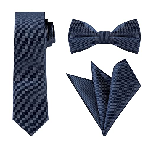 Allegra K Herren Quadrat Einfarbig Satin Fliege Einstecktuch Krawatten-Set Navy Blau One Size von Allegra K