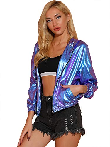 Allegra K Holografische Party-Jacke für Damen, schimmernd, glänzend, leicht, mit Reißverschluss, mit Kapuze, metallisch, Blau/Violett, XL von Allegra K