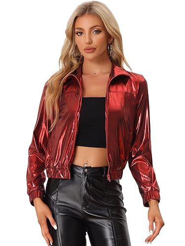 Allegra K Holografische glänzende Damen-Jacke, langärmelig, leicht, mit Reißverschluss, metallisch, Dunkelrot, L von Allegra K