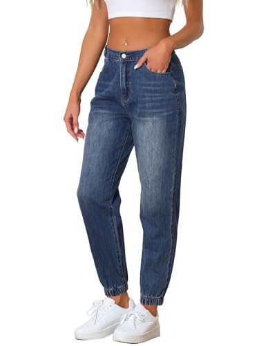 Allegra K Jeans-Jogginghose für Damen, lässige Jeanshose mit hoher Taille und elastischer Taille Blau L von Allegra K