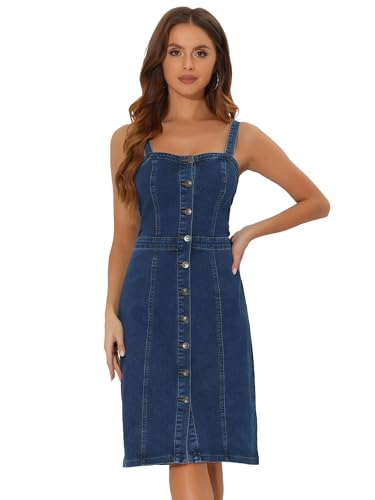 Allegra K Jeanskleid mit Knopfleiste für Damen, ärmellos, Sweetheart-Ausschnitt, Jeanskleider, dunkelblau, Medium von Allegra K