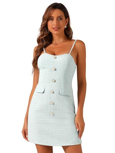Allegra K Kariertes Kleid Für Damen, Knopfdekor, Spaghettiträger, Tweed-Kleider Blau L Allegra K Kariertes Kleid Für Damen, Knopfdekor, Spaghettiträger, Tweed-Kleider Blau L von Allegra K
