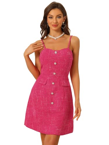 Allegra K Kariertes Kleid Für Damen, Knopfdekor, Spaghettiträger, Tweed-Kleider Pink M Allegra K Kariertes Kleid Für Damen, Knopfdekor, Spaghettiträger, Tweed-Kleider Pink M von Allegra K