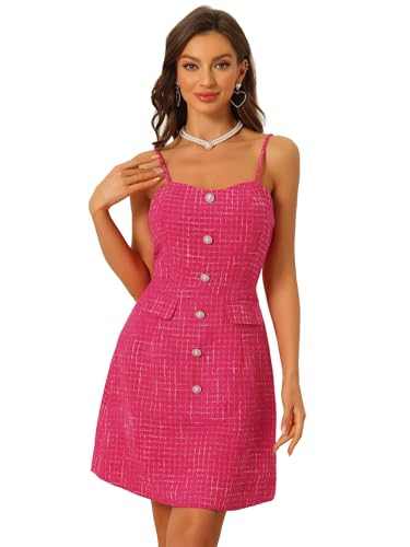 Allegra K Kariertes Kleid Für Damen, Knopfdekor, Spaghettiträger, Tweed-Kleider Pink S von Allegra K