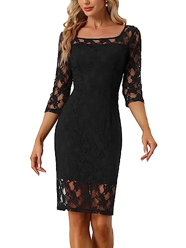 Allegra K Damen Etuikleid Elegant 3/4-Ärmeln Spitze Eckigem Ausschnitt Midi Gerader Schnitt Mini Kleid Schwarz S von Allegra K