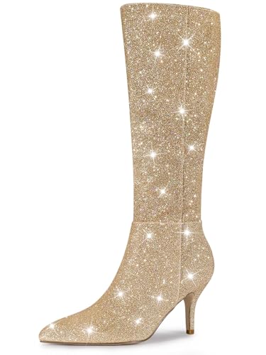 Allegra K Kniehohe Damenstiefel mit spitzer Zehenpartie und Glitzer und Stiletto-Absatz Gold 41 von Allegra K