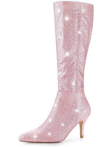 Allegra K Kniehohe Damenstiefel mit spitzer Zehenpartie und Glitzer und Stiletto-Absatz Rosa 42 von Allegra K