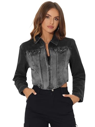 Allegra K Kurze Jeansjacke für Damen, lässig, mit Reißverschluss, verwaschene Jeansjacken Schwarz XS von Allegra K