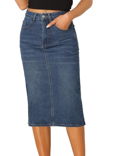 Allegra K Lässiger Jeansrock für Damen, hohe Taille, dehnbar, Midi-Jeansröcke, blau, 36 von Allegra K