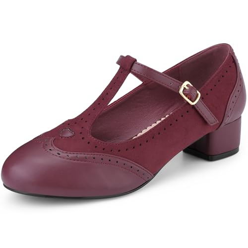 Allegra K Mary Jane Damen-Pumps mit T-Riemen, Knöchelriemen, Blockabsatz, Burgunder, 35.5 EU von Allegra K