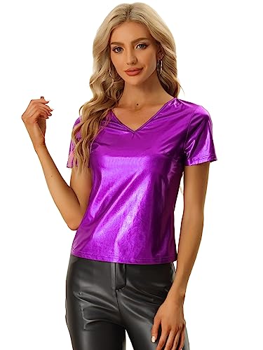 Allegra K Damen Metallic Shirt V-Ausschnitt Party Club Glänzend Oberteile Bluse Lila XL von Allegra K