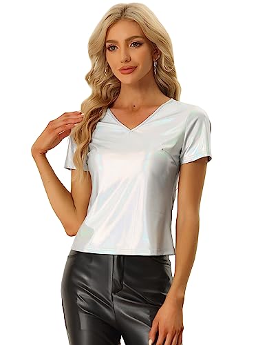 Allegra K Damen Metallic Shirt V-Ausschnitt Party Club Glänzend Oberteile Bluse Silber XS von Allegra K