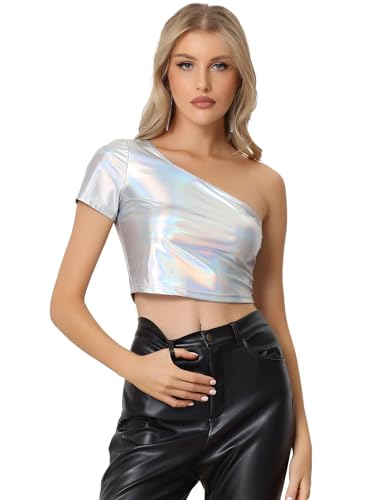 Allegra K Metallisches Crop Top für Damen, einschultrig, kurzärmelig, glänzend, holografisch, Clubwear, Party-Top, silber, Large von Allegra K