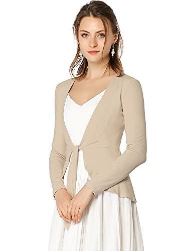 Allegra K Offene Damen-Strickjacke, gerüscht, lange Ärmel, elegante Strickjacke mit Schnürung vorne, CAMEL, Klein von Allegra K