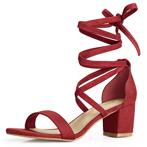 Allegra K Offene Zehensandalen für Damen mit mittelhohem Absatz Rot-Faux Suede 38 von Allegra K