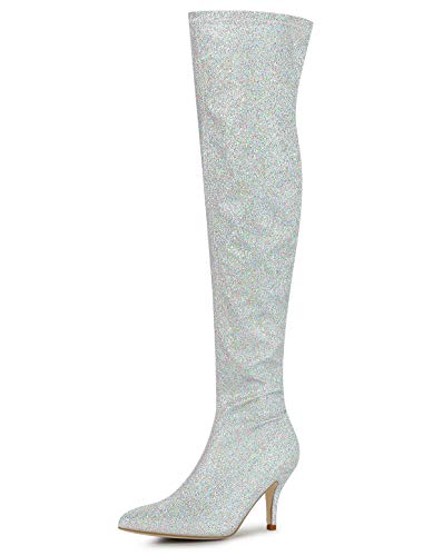 Allegra K Overknee-Stiefel mit Glitzer für Damen mit spitzer Zehenpartie und Stiletto-Absatz Silber 40 von Allegra K