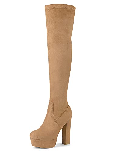 Allegra K Overknee-Stiefel mit Plateau und Blockabsatz für Damen Khaki 38 von Allegra K