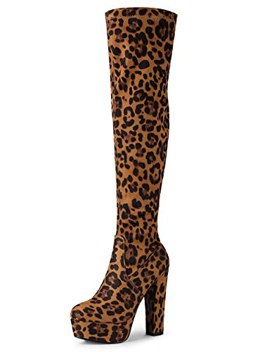 Allegra K Overknee-Stiefel mit Plateau und Blockabsatz für Damen Leopard 37 von Allegra K