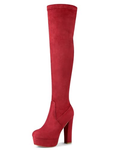 Allegra K Overknee-Stiefel mit Plateau und Blockabsatz für Damen Rot 38 von Allegra K