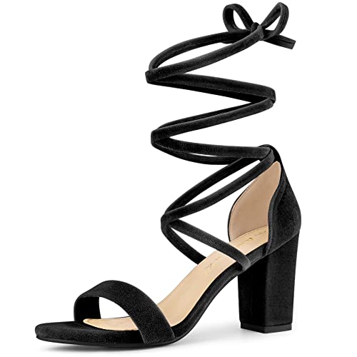 Allegra K Riemchensandalen aus Faux-Samt zum Schnüren mit klobigem Absatz für Damen Schwarz 38 von Allegra K