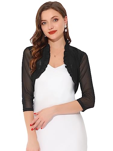 Allegra K Rüschen Shrug für Damen durchsichtig 3/4 Ärmel Open Front Mesh Crop Bolero Cardigan, Schwarz , S von Allegra K