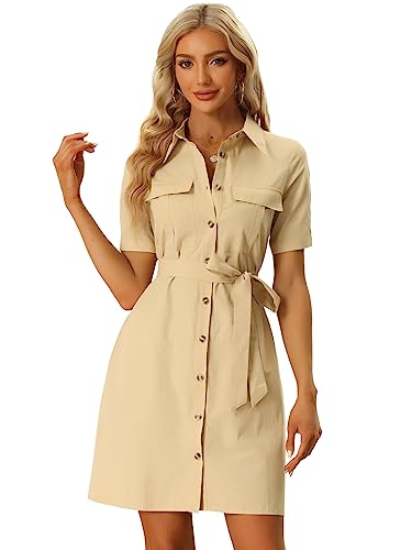 Allegra K Safari-Kleid für Damen, Kragen, Knopfleiste, Baumwolle, Gürtel, Khaki, 3X-Groß von Allegra K