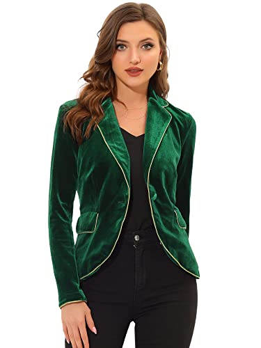 Allegra K Damen Samt Elegant Blazer Langarm Gekerbtes Schalrevers Knopfleiste Retro Jacke Dunkelgrün M von Allegra K