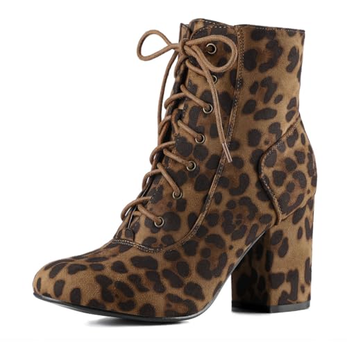 Allegra K Schnürstiefeletten für Damen mit klobigem Absatz Leopard 37 von Allegra K