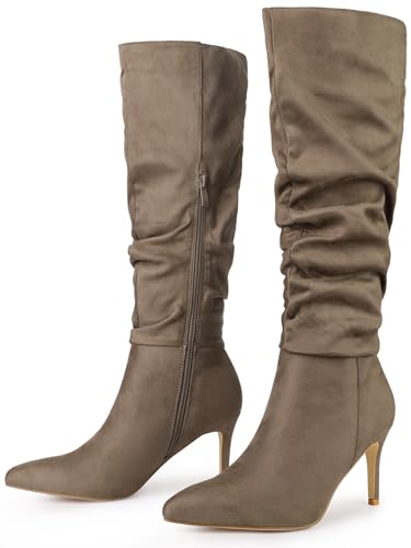 Allegra K Slouchy kniehohe Stiefel mit spitzer Zehenpartie und Stiletto-Absatz für Damen Taupe 38 von Allegra K