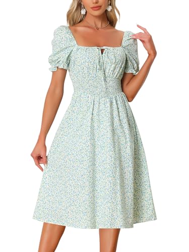 Allegra K Sommerliches Blumenkleid Für Damen, Gesmokte Midi-Kleider Mit Puffärmeln Und Quadratischem Ausschnitt Weiß Blau M von Allegra K