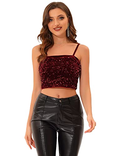 Allegra K Damen Pailletten Oberteil Ärmellos Tanktop Spaghettiträger Glitzer Cami Party Crop Top Burgund M von Allegra K