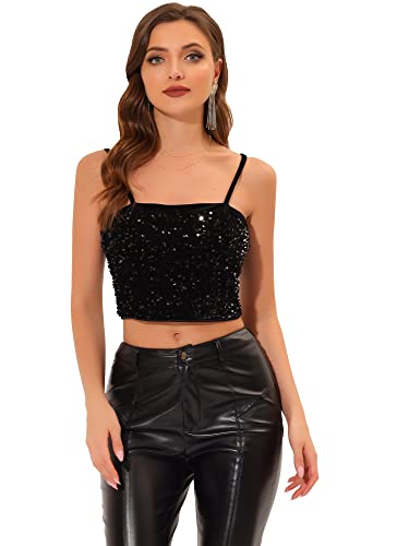 Allegra K Damen Pailletten Oberteil Ärmellos Tanktop Spaghettiträger Glitzer Cami Party Crop Top Schwarz L von Allegra K