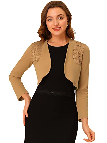 Allegra K Spitzen-Bolero-Shrug für Frauen, vorne offen, solide lange Ärmel, kurze Strickjacke, Spitzenbolero, camel, 38 von Allegra K