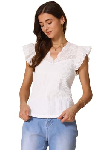 Allegra K Spitzentop Für Damen, Kurzärmlig, Basic, Lässig, V-Ausschnitt Bluse Weiß XS von Allegra K