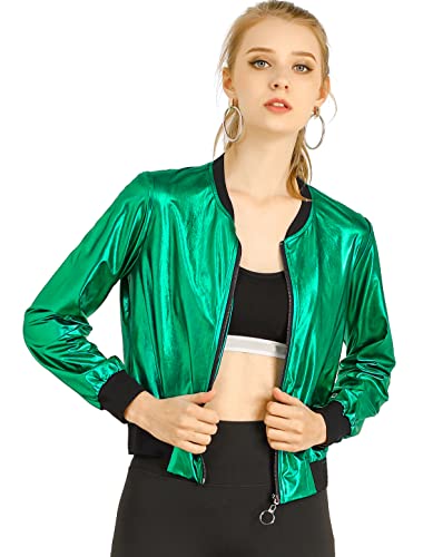 Allegra K St. Patrick's Day Bomberjacke für Damen, funkelnd, holografisch, leicht, 90er Jahre, glänzend, metallisch, Grün , 3XL von Allegra K