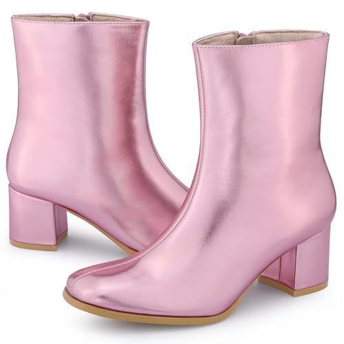 Allegra K Stiefeletten für Damen mit quadratischer Zehenpartie, klobigem Absatz und seitlichem Reißverschluss Rosa 39 von Allegra K